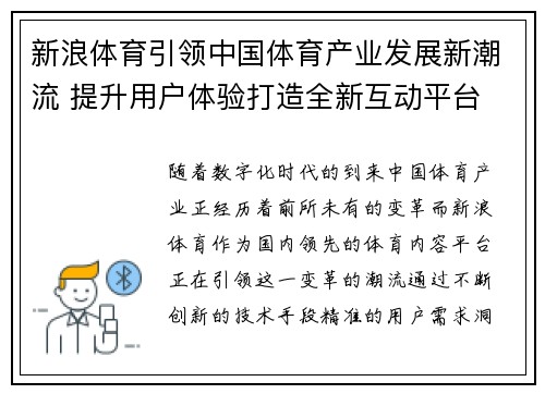 新浪体育引领中国体育产业发展新潮流 提升用户体验打造全新互动平台